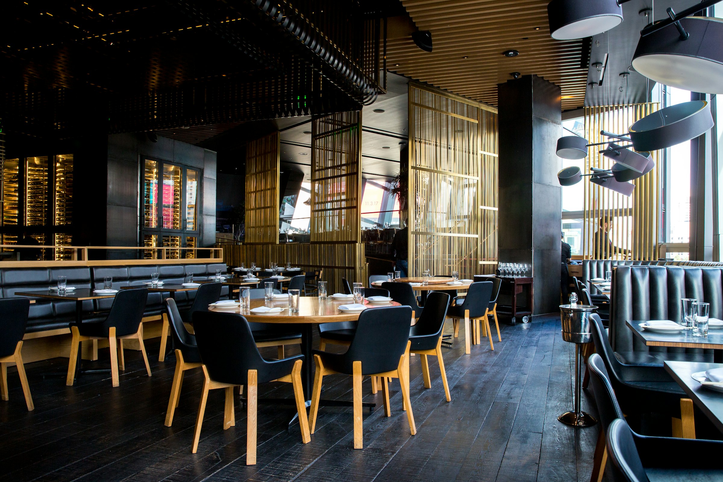 An upscale steakhouse dining room